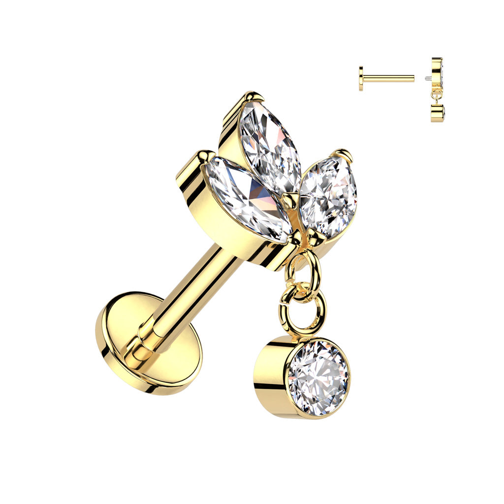 16G Titanium Internally Threaded W/ 3 Marquise Dangle Top For Ear Piercings